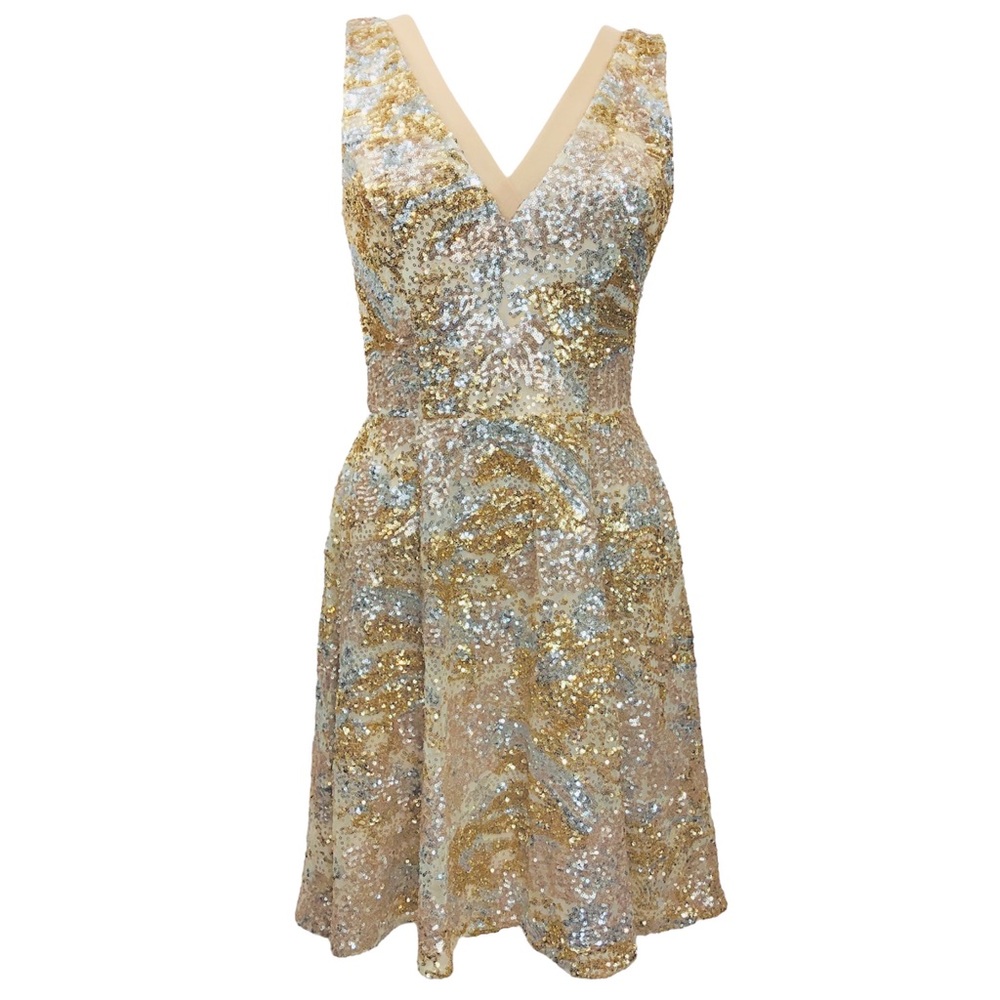 Badgley Mischka Sequin Midi Dress Size 10 Gold Silver Sleeveless